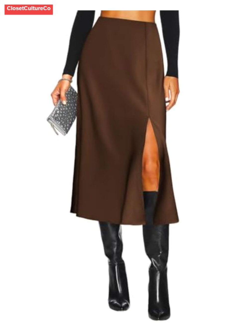 High Waisted A-Line Satin Midi Skirt Side Slit Silk-Like